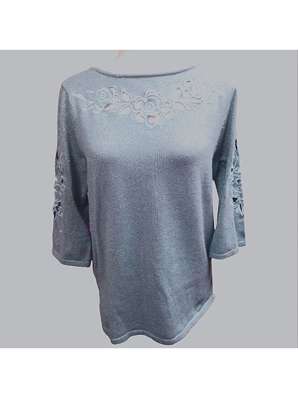 Bob Mackie Floral Cut Out Embroidered Metallic Sweater Blue EUC SZ Small - Picture 2 of 6